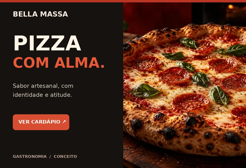 Prévia do site gastronômico Bella Massa, com destaque para fotografias de pizzas