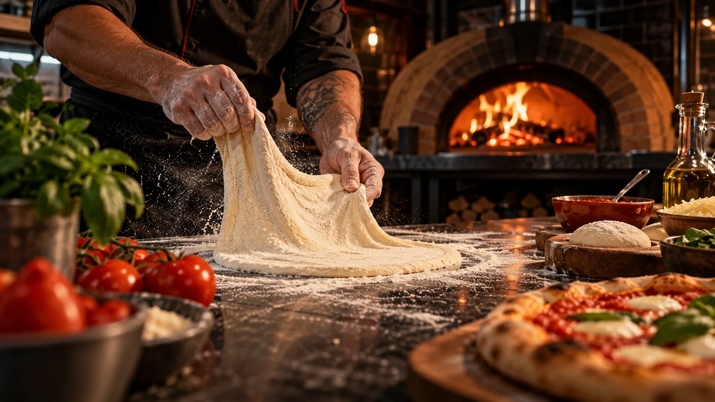 Cena ilustrativa de preparo de massa artesanal diante de forno a lenha