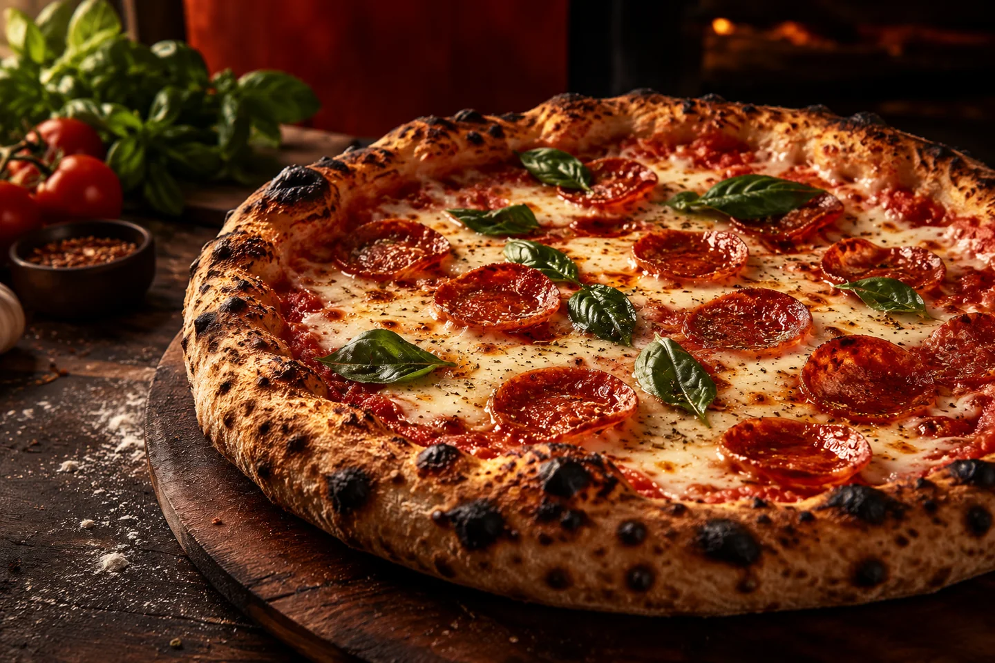 Detalhe de pizza artesanal de pepperoni