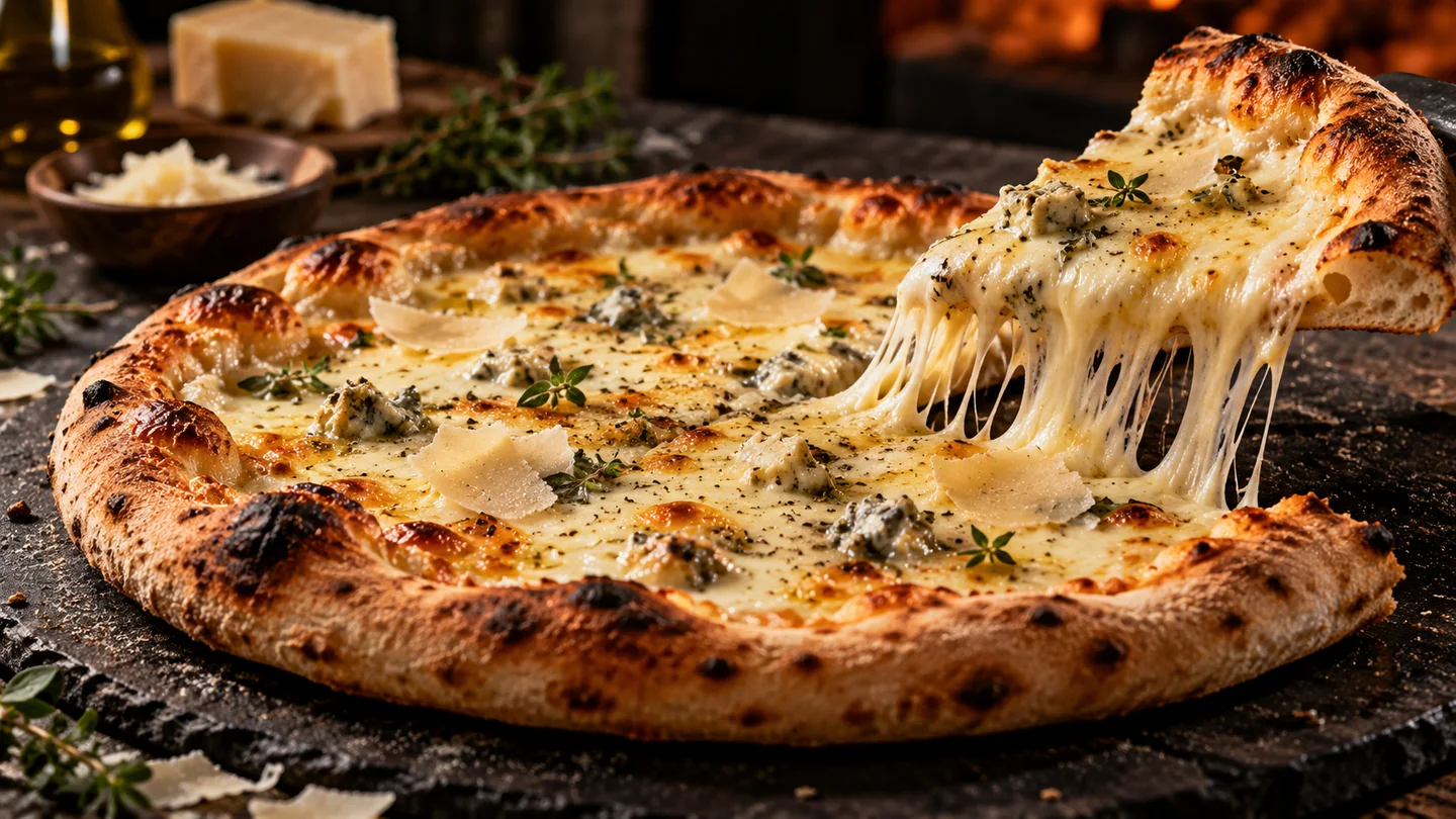 Pizza quatro queijos com queijo derretido e ervas